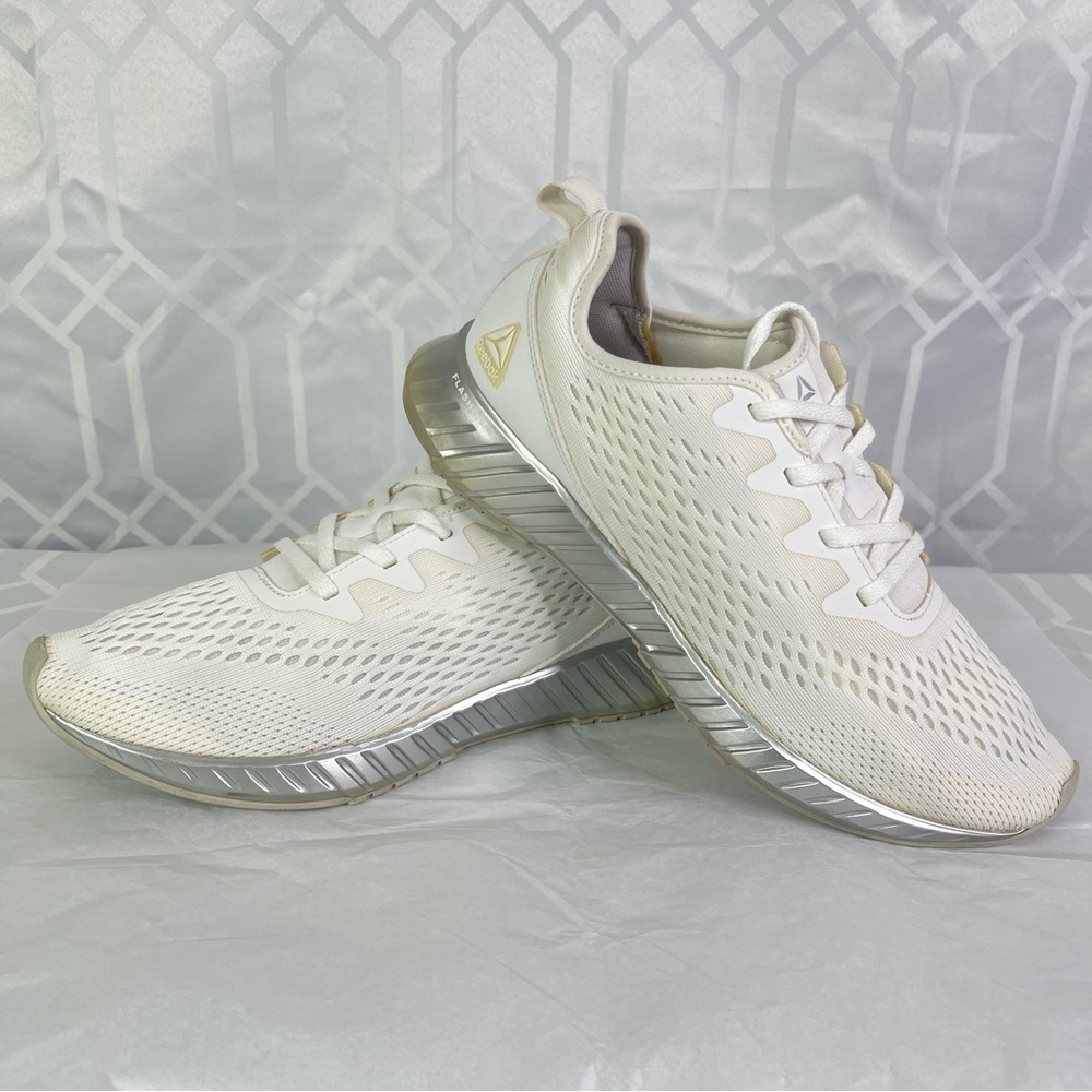 Reebok Flashfilm White & Silver Metallic Running Training Shoes Size 10